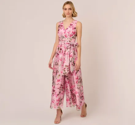Adrianna Papell Jumpsuits*Floral Print Organza Sleeveless Jumpsuit With Self Tie Waist In Pink Multi
