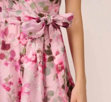 Adrianna Papell Jumpsuits*Floral Print Organza Sleeveless Jumpsuit With Self Tie Waist In Pink Multi