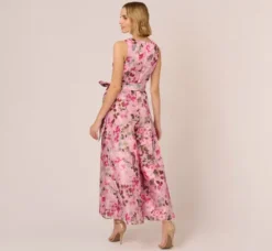 Adrianna Papell Jumpsuits*Floral Print Organza Sleeveless Jumpsuit With Self Tie Waist In Pink Multi