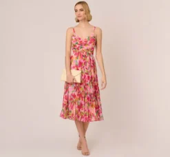 Adrianna Papell Wedding Guest Dresses|Day Dresses*Floral Print Pleated Chiffon Midi Dress In Pink Green Multi