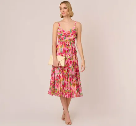 Adrianna Papell Wedding Guest Dresses|Day Dresses*Floral Print Pleated Chiffon Midi Dress In Pink Green Multi