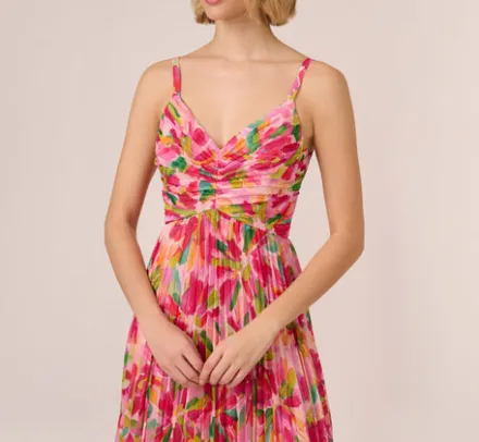 Adrianna Papell Wedding Guest Dresses|Day Dresses*Floral Print Pleated Chiffon Midi Dress In Pink Green Multi