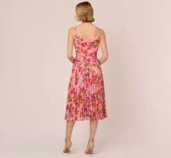 Adrianna Papell Wedding Guest Dresses|Day Dresses*Floral Print Pleated Chiffon Midi Dress In Pink Green Multi