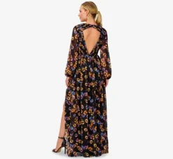 Adrianna Papell Wedding Guest Dresses|Formal Dresses*Floral-Print Pleated Chiffon Long A-Line Gown In Black Multi