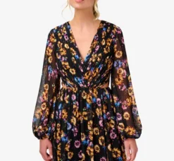 Adrianna Papell Wedding Guest Dresses|Formal Dresses*Floral-Print Pleated Chiffon Long A-Line Gown In Black Multi
