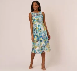 Adrianna Papell Wedding Guest Dresses|Petite-Friendly*Floral Print Sleeveless Midi Dress With Sheer Neckline In Blue Ivory Multi