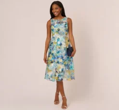 Adrianna Papell Wedding Guest Dresses|Petite-Friendly*Floral Print Sleeveless Midi Dress With Sheer Neckline In Blue Ivory Multi