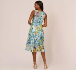 Adrianna Papell Wedding Guest Dresses|Petite-Friendly*Floral Print Sleeveless Midi Dress With Sheer Neckline In Blue Ivory Multi