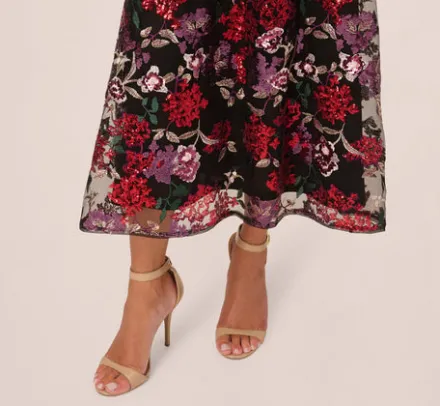 Adrianna Papell Wedding Guest Dresses|Grandmother Of The Bride & Groom*Floral Sequin Ankle Dress In Black Multi