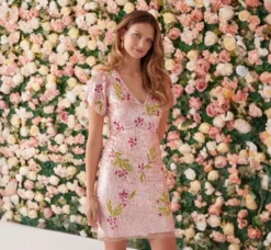 Adrianna Papell Wedding Guest Dresses*Floral Sequin Beaded Dress With Split Flutter Sleeves In Blush Multi