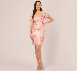 Adrianna Papell Wedding Guest Dresses*Floral Sequin Beaded Dress With Split Flutter Sleeves In Blush Multi