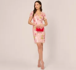 Adrianna Papell Wedding Guest Dresses*Floral Sequin Beaded Dress With Split Flutter Sleeves In Blush Multi