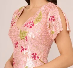 Adrianna Papell Wedding Guest Dresses*Floral Sequin Beaded Dress With Split Flutter Sleeves In Blush Multi