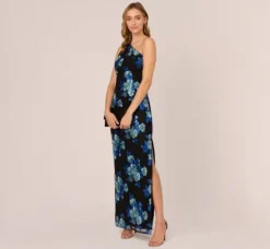 Adrianna Papell Wedding Guest Dresses|Formal Dresses*Floral Sequin One Shoulder Column Gown In Black Blue Multi