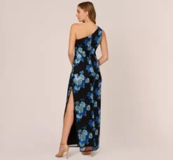 Adrianna Papell Wedding Guest Dresses|Formal Dresses*Floral Sequin One Shoulder Column Gown In Black Blue Multi