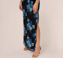Adrianna Papell Wedding Guest Dresses|Formal Dresses*Floral Sequin One Shoulder Column Gown In Black Blue Multi