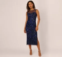 Adrianna Papell Wedding Guest Dresses|Grandmother Of The Bride & Groom*Floral Sequin Sleeveless Ankle Length Dress With Sheer Neckline In Light Navy