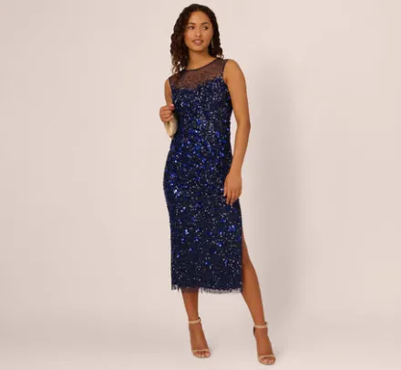 Adrianna Papell Wedding Guest Dresses|Grandmother Of The Bride & Groom*Floral Sequin Sleeveless Ankle Length Dress With Sheer Neckline In Light Navy