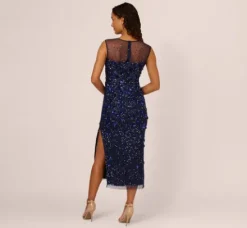 Adrianna Papell Wedding Guest Dresses|Grandmother Of The Bride & Groom*Floral Sequin Sleeveless Ankle Length Dress With Sheer Neckline In Light Navy