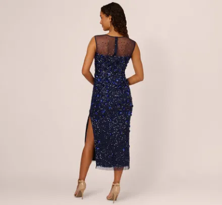 Adrianna Papell Wedding Guest Dresses|Grandmother Of The Bride & Groom*Floral Sequin Sleeveless Ankle Length Dress With Sheer Neckline In Light Navy
