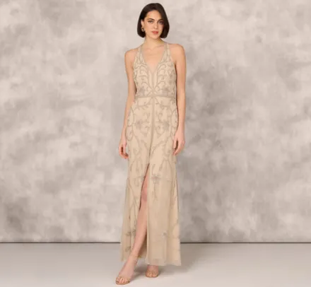 Adrianna Papell Wedding Guest Dresses|Formal Dresses*Flourish Beaded Halter Gown With Open Back In