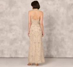Adrianna Papell Wedding Guest Dresses|Formal Dresses*Flourish Beaded Halter Gown With Open Back In