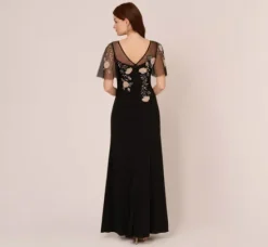 Adrianna Papell Wedding Guest Dresses|Formal Dresses*Flutter Sleeve Crepe Gown With Floral Sequin Beading In Black Blush Multi