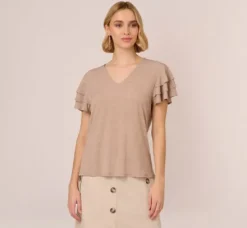 Adrianna Papell Tops & Blouses*Flutter Sleeve Top With V Neckline In Cocoa Ivory Micro Dot
