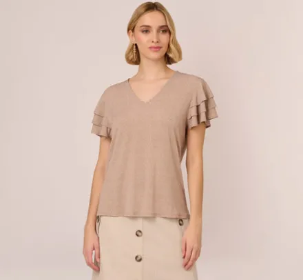 Adrianna Papell Tops & Blouses*Flutter Sleeve Top With V Neckline In Cocoa Ivory Micro Dot