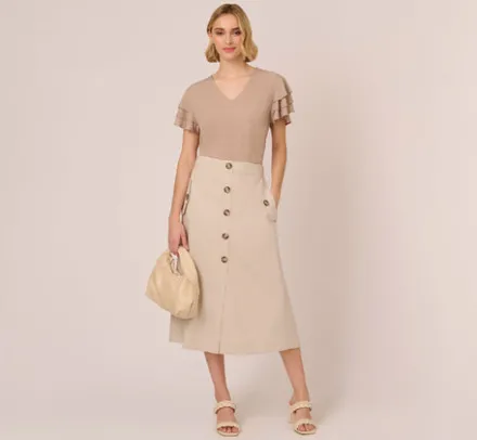 Adrianna Papell Tops & Blouses*Flutter Sleeve Top With V Neckline In Cocoa Ivory Micro Dot