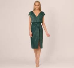 Adrianna Papell Wedding Guest Dresses|Petite-Friendly*Foil Blouson Midi Dress With Faux Wrap Skirt In Dark Ivy