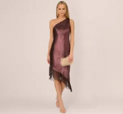 Adrianna Papell Wedding Guest Dresses|Petite-Friendly*Foiled One Shoulder Asymmetrical Dress With Fringe Hem In Blackened Red