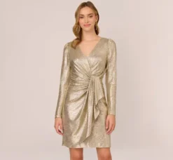 Adrianna Papell Wedding Guest Dresses|Day Dresses*Foil Knit Faux Wrap Dress With Long Sleeves In Light Gold