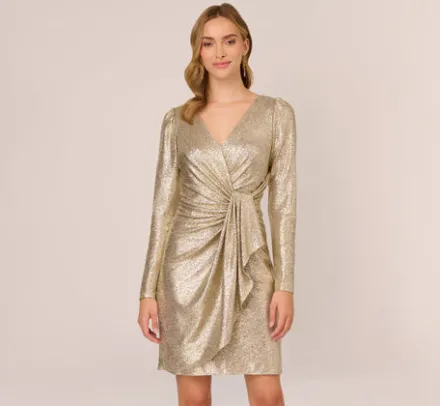 Adrianna Papell Wedding Guest Dresses|Day Dresses*Foil Knit Faux Wrap Dress With Long Sleeves In Light Gold