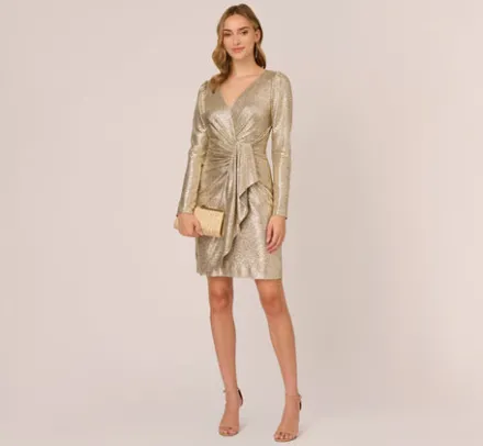 Adrianna Papell Wedding Guest Dresses|Day Dresses*Foil Knit Faux Wrap Dress With Long Sleeves In Light Gold