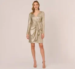 Adrianna Papell Wedding Guest Dresses|Day Dresses*Foil Knit Faux Wrap Dress With Long Sleeves In Light Gold