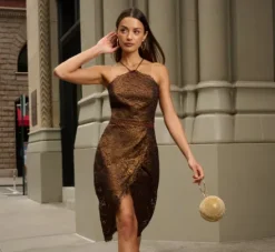 Adrianna Papell Wedding Guest Dresses|Petite-Friendly*Foil Lace Halter Dress With Sheer Tulip Skirt In