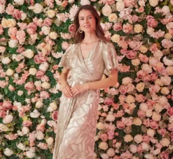 Adrianna Papell Wedding Guest Dresses|Formal Dresses*Foil Leaf Short Sleeve Gown With Draped Details In Champagne Gold