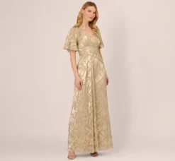 Adrianna Papell Wedding Guest Dresses|Formal Dresses*Foil Leaf Short Sleeve Gown With Draped Details In Champagne Gold