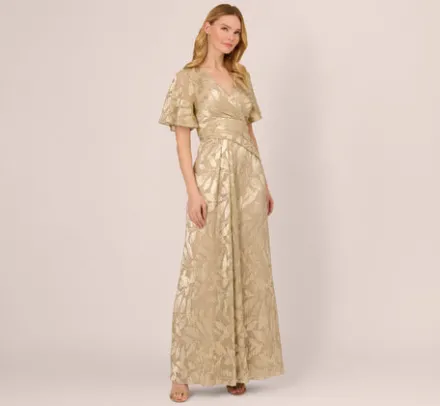 Adrianna Papell Wedding Guest Dresses|Formal Dresses*Foil Leaf Short Sleeve Gown With Draped Details In Champagne Gold