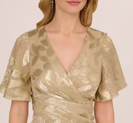 Adrianna Papell Wedding Guest Dresses|Formal Dresses*Foil Leaf Short Sleeve Gown With Draped Details In Champagne Gold