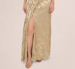 Adrianna Papell Wedding Guest Dresses|Formal Dresses*Foil Leaf Short Sleeve Gown With Draped Details In Champagne Gold
