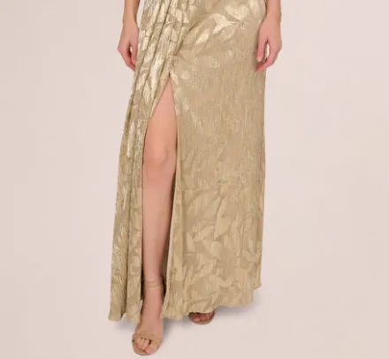 Adrianna Papell Wedding Guest Dresses|Formal Dresses*Foil Leaf Short Sleeve Gown With Draped Details In Champagne Gold
