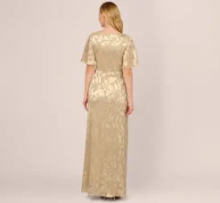 Adrianna Papell Wedding Guest Dresses|Formal Dresses*Foil Leaf Short Sleeve Gown With Draped Details In Champagne Gold