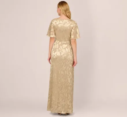 Adrianna Papell Wedding Guest Dresses|Formal Dresses*Foil Leaf Short Sleeve Gown With Draped Details In Champagne Gold