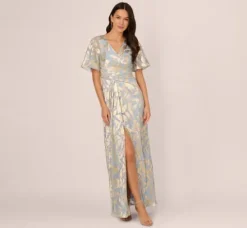 Adrianna Papell Wedding Guest Dresses|Formal Dresses*Foil Leaf Short Sleeve Gown With Draped Details In Light Blue Gold