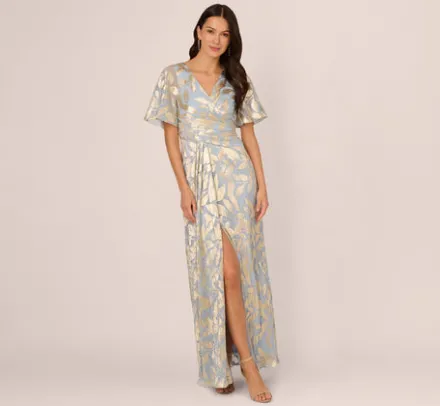 Adrianna Papell Wedding Guest Dresses|Formal Dresses*Foil Leaf Short Sleeve Gown With Draped Details In Light Blue Gold