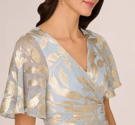 Adrianna Papell Wedding Guest Dresses|Formal Dresses*Foil Leaf Short Sleeve Gown With Draped Details In Light Blue Gold