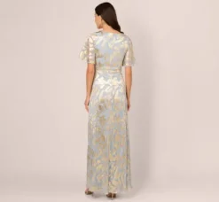 Adrianna Papell Wedding Guest Dresses|Formal Dresses*Foil Leaf Short Sleeve Gown With Draped Details In Light Blue Gold