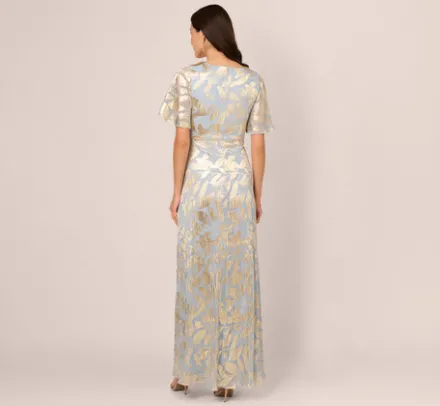Adrianna Papell Wedding Guest Dresses|Formal Dresses*Foil Leaf Short Sleeve Gown With Draped Details In Light Blue Gold